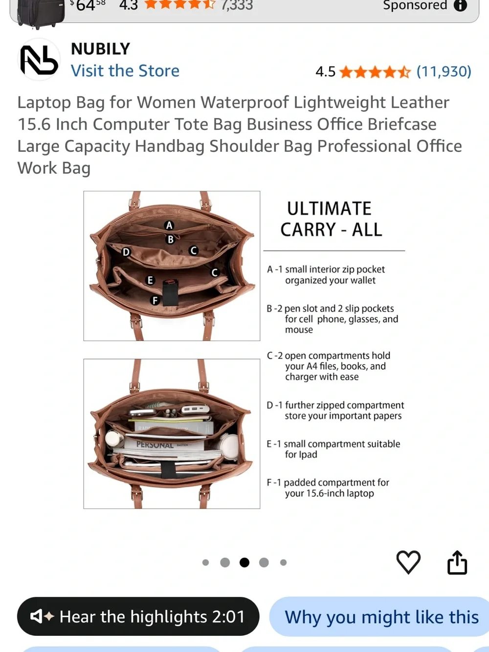 Women's Leather laptop Tote Bag in Brown